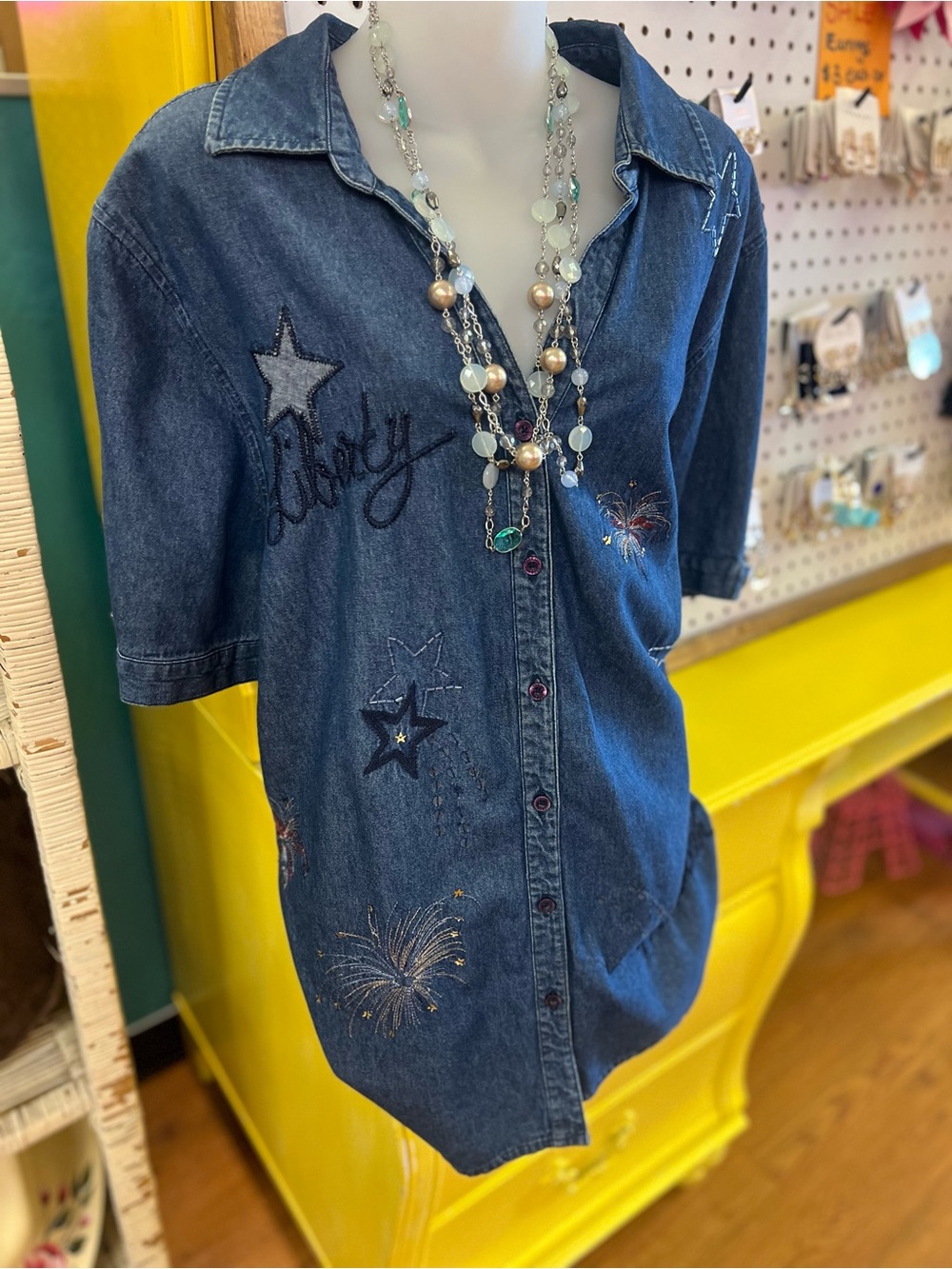 Embroidered Star Denim Tunic - Blue